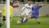 Miso Brecko of Slovenia (L) nd Hjalgrim Eltor of Faroe Islands during football match of UEFA European championships qualifications between Slovenia and Faroe Islands. Match between Slovenia and Faroe Islands was played on Friday, 8th of October 2010 in Stozice arena in Ljubljana, Slovenia.
