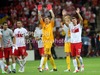 Przemyslaw Tyton of Poland, with his teammates Lukasz Piszczek and Sebastian Boenisch after end of UEFA Football Euro 2012 match between Poland and Greece. Match of UEFA Football European Championships 2012 between Poland and Greece was played on Friday, 9th of June 2012 in Warszawa, Poland.
