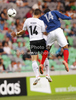 Marc Oliver Kempf of Germany (L) and Anthony Martial of France (R) jumping for ball during football match between Germany and France of UEFA U17 European championships. UEFA U17 European championships football match between Germany and France, was played on Thursday, 10th of May 2012, in Stozice Stadium in Ljubljana, Slovenia.
