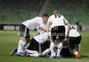 German players celebrating goal of Maximilian Meyer during football match between Germany and France of UEFA U17 European championships. UEFA U17 European championships football match between Germany and France, was played on Thursday, 10th of May 2012, in Stozice Stadium in Ljubljana, Slovenia.
