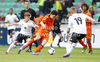 Thom Haye of Netherlands (M) between Maximilian Meyer of Germany (L) and Timo Werner of Germany (R) during football final match of UEFA U17 European championships between Germany and Netherlands. Final match of UEFA U17 European championships football between Germany and Netherlands, was played on Wednesday, 16th of May 2012, in Stozice Stadium in Ljubljana, Slovenia.

