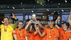 Players of Netherlands celebrate their victory trophy and European champions title after end of football final match of UEFA U17 European championships between Germany and Netherlands. Final match of UEFA U17 European championships football between Germany and Netherlands, was played on Wednesday, 16th of May 2012, in Stozice Stadium in Ljubljana, Slovenia.
