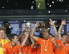 Players of Netherlands celebrate their victory trophy and European champions title after end of football final match of UEFA U17 European championships between Germany and Netherlands. Final match of UEFA U17 European championships football between Germany and Netherlands, was played on Wednesday, 16th of May 2012, in Stozice Stadium in Ljubljana, Slovenia.
