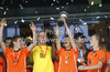 Players of Netherlands celebrate their victory trophy and European champions title after end of football final match of UEFA U17 European championships between Germany and Netherlands. Final match of UEFA U17 European championships football between Germany and Netherlands, was played on Wednesday, 16th of May 2012, in Stozice Stadium in Ljubljana, Slovenia.
