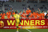 Goalie Nick Olij of Netherlands with his teammates celebrate their victory trophy after end of football final match of UEFA U17 European championships between Germany and Netherlands. Final match of UEFA U17 European championships football between Germany and Netherlands, was played on Wednesday, 16th of May 2012, in Stozice Stadium in Ljubljana, Slovenia.
