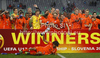 Nathan Ake of Netherlands with his teammates celebrate their victory trophy after end of football final match of UEFA U17 European championships between Germany and Netherlands. Final match of UEFA U17 European championships football between Germany and Netherlands, was played on Wednesday, 16th of May 2012, in Stozice Stadium in Ljubljana, Slovenia.
