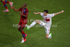 Theodor Gebre Selassie of Czech republic and Robert Lewandowski of Poland during UEFA Football Euro 2012 match between Poland and Czech republic. Match of UEFA Football European Championships 2012 between Poland and Czech republic was played on Saturday, 16th of June 2012 in Wroclaw, Poland.
