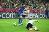Giorgos Fotakis of Greece, Mario Gotze of Germany during UEFA Football Euro 2012 quarter final match between  Germany and Greece. Match of UEFA Football European Championships 2012 between Germany and Greece was played on Friday, 22th of June 2012 in Gdansk, Poland.
