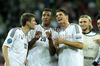 Thomas Muller of Germany, Jerome Boateng of Germany and Andre Schurrle of Germany celebrating victory after UEFA Football Euro 2012 quarter final match between  Germany and Greece. Match of UEFA Football European Championships 2012 between Germany and Greece was played on Friday, 22th of June 2012 in Gdansk, Poland.
