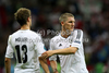 Thomas Muller of Germany, Bastian Schweinsteiger of Germany during UEFA Football Euro 2012 semi final match between  Italy and Germany. Match of UEFA Football European Championships 2012 between Italy and Germany was played on Thursday, 28th of June 2012 in Warsaw, Poland.

