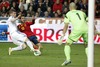 Cesc Fabregas of Spain (M) and Joona Toivio of Finland (L) infront of Finnish goalie Niki Maenpaa (R) during the FIFA World Cup Qualifier Match between Spain and Finland at the El Molinon Stadium, Gijon, Spain, on Friday, 22nd of March 2013.
