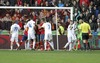 Players of Finland and Spain have words during the FIFA World Cup Qualifier Match between Spain and Finland at the El Molinon Stadium, Gijon, Spain, on Friday, 22nd of March 2013.
