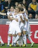 Finnish players with Teemu Pukki (M( celebrates goal during the FIFA World Cup Qualifier Match between Spain and Finland at the El Molinon Stadium, Gijon, Spain, on Friday, 22nd of March 2013.
