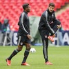 Mario Gomez and David Alabaof FC Bayern Munich during training session on Wembley Stadium, London, Great Britain, prior to the UEFA Champions League final match between FC Bayern Munich and Borussia Dortmund. Training session was held on Wembley stadium in London, Great Britain on Friday, 24th of May 2013.

