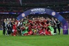 Players and members of team FC Bayern Muenchen celebrate their victory with 2-1 over Borussia Dortmund after UEFA Champions League final match between FC Bayern Munich and Borussia Dortmund. Final match of UEFA Champions League between FC Bayern and Borussia Dortmunad was played on Wembley stadium in London, Great Britain on Saturday, 25th of May 2013.
