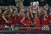 Players and members of team FC Bayern Muenchen celebrate their victory with 2-1 over Borussia Dortmund after UEFA Champions League final match between FC Bayern Munich and Borussia Dortmund. Final match of UEFA Champions League between FC Bayern and Borussia Dortmunad was played on Wembley stadium in London, Great Britain on Saturday, 25th of May 2013.
