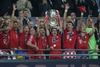 Players and members of team FC Bayern Muenchen celebrate their victory with 2-1 over Borussia Dortmund after UEFA Champions League final match between FC Bayern Munich and Borussia Dortmund. Final match of UEFA Champions League between FC Bayern and Borussia Dortmunad was played on Wembley stadium in London, Great Britain on Saturday, 25th of May 2013.
