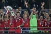 Players and members of team FC Bayern Muenchen celebrate their victory with 2-1 over Borussia Dortmund after UEFA Champions League final match between FC Bayern Munich and Borussia Dortmund. Final match of UEFA Champions League between FC Bayern and Borussia Dortmunad was played on Wembley stadium in London, Great Britain on Saturday, 25th of May 2013.
