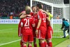 Players of FC Bayern Muenchen celebrate goal of Mario Gomez during the DFB Pokal Final Match between FC Bayern Munich and VfB Stuttgart. DFB Pokal Final Match between FC Bayern Munich and VfB Stuttgart was held at the Olympiastadium in Berlin, Germany on Saturday, 1st of June 2013.
