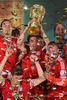 Players of FC Bayern Muenchen celebrate their victory in the DFB Pokal Final Match between FC Bayern Munich and VfB Stuttgart. DFB Pokal Final Match between FC Bayern Munich and VfB Stuttgart was held at the Olympiastadium in Berlin, Germany on Saturday, 1st of June 2013.
