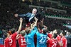 Players of FC Bayern Muenchen celebrate their victory with their coach Jupp Heynckes after end of the DFB Pokal Final Match between FC Bayern Munich and VfB Stuttgart. DFB Pokal Final Match between FC Bayern Munich and VfB Stuttgart was held at the Olympiastadium in Berlin, Germany on Saturday, 1st of June 2013.
