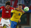 Julian Baumgartlinger of Austria and Zlatan Ibrahimovic of Sweden during FIFA World Cup Qualifier Match between Austria and Sweden. FIFA World Cup Qualifier Match between Austria and Sweden was played on Ernst Happel Stadium in Vienna, Austria, on Friday, 7th of June 2013.
