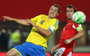 Zlatan Ibrahimovic of Sweden and Christian Fuchs of Austria during FIFA World Cup Qualifier Match between Austria and Sweden. FIFA World Cup Qualifier Match between Austria and Sweden was played on Ernst Happel Stadium in Vienna, Austria, on Friday, 7th of June 2013.
