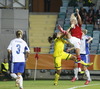 Goalkeeper Minna Meriluoto of Finland and Pernille Harder of Denmark during Finland against Denmark match of Women UEFA Euro 2013, which was held on Tuesday, 16th of July 2013 on Gamla Ullevi stadium on Goeteborg, Sweden. Match between Finland and Denmark ended with 1-1.
