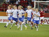 Annica Sjoelund of Finland celebrates her goal with teammates during Finland against Denmark match of Women UEFA Euro 2013, which was held on Tuesday, 16th of July 2013 on Gamla Ullevi stadium on Goeteborg, Sweden. Match between Finland and Denmark ended with 1-1.
