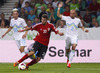 Valdet Rama of Albania (M) between Kevin Kampl of Slovenia (L) and Miso Brecko of Slovenia (R) during FIFA World cup 2014 qualification football match between Slovenia and Albania. Match between Slovenia and Albania was played in Stozice arena in Ljubljana, Slovenia, on Friday, 6th of September 2013.
