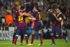 FC Barcelonas Neymar Santos Jr, Leo Messi, Alexis Sanchez and Xavi Hernandez (left to right) celebrate after Leo Messi scored, goal against AC Milan during UEFA Champions League group H match between FC Barcelona and AC Milan at the Camp Nou in Barcelona, Spain on 2013/11/06.
