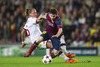 FC Barcelonas Leo Messi (center) and AC Milans Philippe Mexes (left) during UEFA Champions League group H match between FC Barcelona and AC Milan at the Camp Nou in Barcelona, Spain on 2013/11/06.
