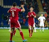 Wales Andy King celebrates scoring the first goal against Finland during the International Friendly match against at the Cardiff City Stadium, Great Britain on 2013/11/16.
