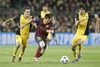 FC Barcelona Leo Messi (c) and Atletico de Madrid Koke (l) and Tiago Cardoso during the UEFA Champions League Round of 8, 1st Leg match between FC Barcelona and Club Atletico de Madrid at the Camp Nou in Barcelona, Spain on 2014/04/02.
