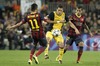 FC Barcelona Neymar Santos Jr (l) and Daniel Alves (r) and Atletico de Madrid Koke during the UEFA Champions League Round of 8, 1st Leg match between FC Barcelona and Club Atletico de Madrid at the Camp Nou in Barcelona, Spain on 2014/04/02.
