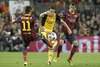 FC Barcelona Neymar Santos Jr (l) and Daniel Alves (r) and Atletico de Madrid Koke during the UEFA Champions League Round of 8, 1st Leg match between FC Barcelona and Club Atletico de Madrid at the Camp Nou in Barcelona, Spain on 2014/04/02.
