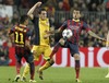 FC Barcelona Neymar Santos Jr (l) and Daniel Alves (r) and Atletico de Madrid Koke during the UEFA Champions League Round of 8, 1st Leg match between FC Barcelona and Club Atletico de Madrid at the Camp Nou in Barcelona, Spain on 2014/04/02.
