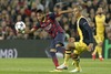 FC Barcelona Neymar Santos Jr (l) and Atletico de Madrid Joao Miranda during the UEFA Champions League Round of 8, 1st Leg match between FC Barcelona and Club Atletico de Madrid at the Camp Nou in Barcelona, Spain on 2014/04/02.
