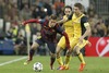 FC Barcelona Jordi Alba (l) and Atletico de Madrid Juanfran Torres (c) and Gabi Fernandez during the UEFA Champions League Round of 8, 1st Leg match between FC Barcelona and Club Atletico de Madrid at the Camp Nou in Barcelona, Spain on 2014/04/02.
