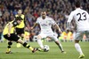 Real Madrid Karim Benzema and Borussia Dortmund Sokratis Papastathopoulos during the UEFA Champions League Round of 8, 1st Leg match between Real Madrid and Borussia  at the Estadio Santiago Bernabeu in Madrid, Spain on 2014/04/02.
