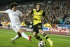 Real Madrid Pepe (L) and Borussia Dortmund Erik Durm during the UEFA Champions League Round of 8, 1nd Leg match between Real Madrid and Borussia Dortmund at the Estadio Santiago Bernabeu in Madrid, Spain on 2014/04/03.
