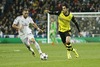 Real Madrid Benzema (L) and Borussia Dortmund Mkhitaryan during the UEFA Champions League Round of 8, 1nd Leg match between Real Madrid and Borussia Dortmund at the Estadio Santiago Bernabeu in Madrid, Spain on 2014/04/03.
