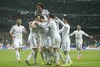 Real Madrid Cristiano Ronaldo celebrates a goal with Luka Modric, Xabi Alonso, Sergio Ramos, Pepe (UP) and Gareth Bale during the UEFA Champions League Round of 8, 1nd Leg match between Real Madrid and Borussia Dortmund at the Estadio Santiago Bernabeu in Madrid, Spain on 2014/04/03.
