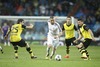 Real Madrid Karim Benzema (C) and Borussia Dortmund Papastathopoulos and Aubameyang during the UEFA Champions League Round of 8, 1nd Leg match between Real Madrid and Borussia Dortmund at the Estadio Santiago Bernabeu in Madrid, Spain on 2014/04/03.
