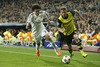 Real Madrid Pepe (L) and Borussia Dortmund Erik Durm during the UEFA Champions League Round of 8, 1nd Leg match between Real Madrid and Borussia Dortmund at the Estadio Santiago Bernabeu in Madrid, Spain on 2014/04/03.
