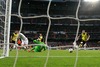 Gareth Bale (Real Madrid CF #11) scores during the UEFA Champions League Round of 8, 1nd Leg match between Real Madrid and Borussia Dortmund at the Estadio Santiago Bernabeu in Madrid, Spain on 2014/04/03.
