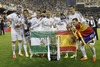 Real Madrid Pepe, Fabio Coentrao, Angel Di Maria, Sergio Ramos, Isco, Alvaro Morata and Nacho Fernandez celebrate the victory during the Final Match of the Spanish Kings Cup, Copa del Rey, between Real Madrid and Fc Barcelona at the Mestalla Stadion in Valencia, Spain on 2014/04/16.
