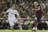 FC Barcelona Andres Iniesta (r) and Real Madrid Luka Modric during the Final Match of the Spanish Kings Cup, Copa del Rey, between Real Madrid and Fc Barcelona at the Mestalla Stadion in Valencia, Spain on 2014/04/16.
