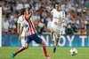 Real Madrid Angel Di Maria (r) and Atletico de Madrid Gabi Fernandez during the UEFA Champions League Final Match between Real Madrid and Atletico Madrid at the Estadio da Luz in Lissabon, Portugal on 2014/05/24.
