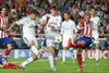 Real Madrid Alvaro Morata (l) and Garet Bale (c) and Atletico de Madrid Toby Alderweireld during the UEFA Champions League Final Match between Real Madrid and Atletico Madrid at the Estadio da Luz in Lissabon, Portugal on 2014/05/24.
